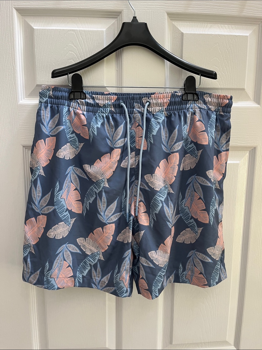 Caribbean Joe Navy Swim Shorts with Pink & Light Blue Leaf Print